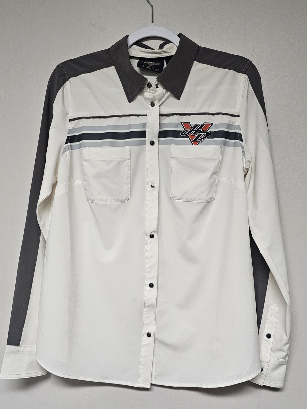 Harley Davidson Men's White Gray Long-Sleeve Button-Up Shirt Pockets Size M